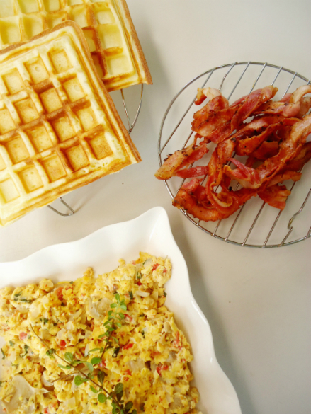Bacon, scrambled egg, and homemade waffles.