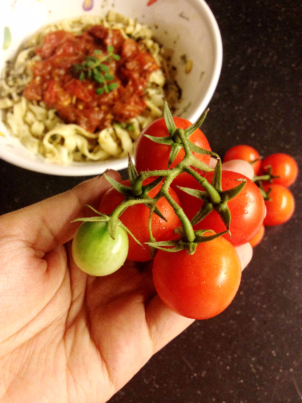 fresh pasta with cherry tomatoes and basil
